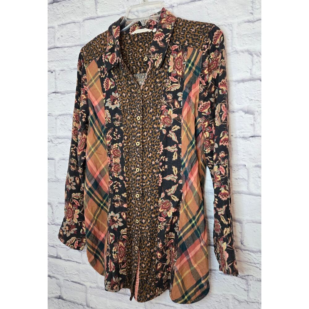 Soft Surroundings small boho animal print, floral, plaid button up blouse. - Picture 3 of 9